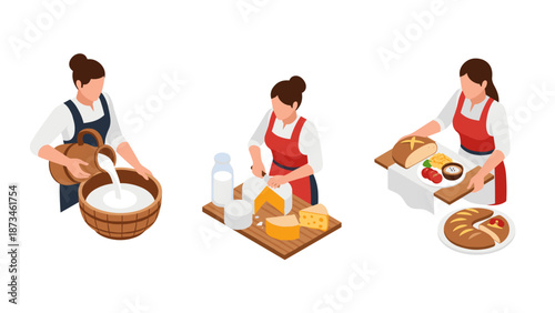 Isometric dairy and bakery process with women preparing milk, cheese, bread, and snacks