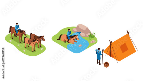 Isometric camping scene with horses and tent by the lake