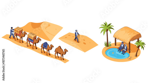 Isometric desert caravan journey with camels and oasis relaxation scene