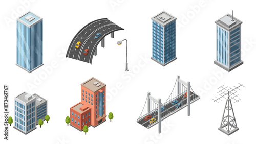 Modern isometric cityscape elements with buildings, roads, and bridge