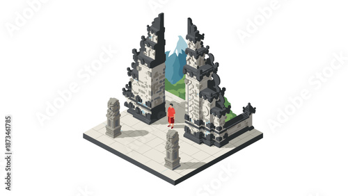 Isometric traditional gateway with traveler and mountain scenery