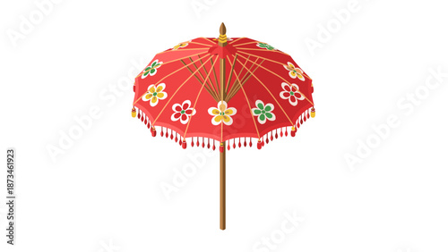 Traditional decorative red umbrella with floral patterns and tassels