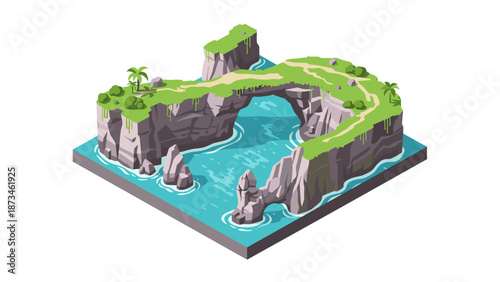 Scenic isometric island with cliffs and lush greenery