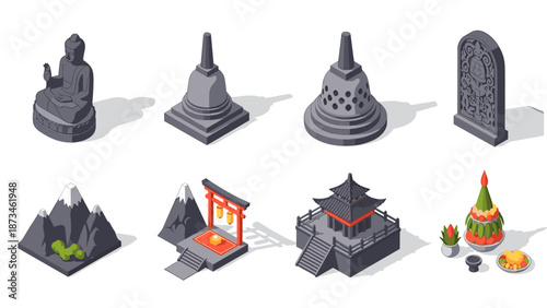 Isometric asian cultural icons set with temples and artifacts