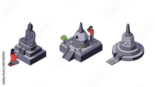 Isometric buddhist temple collection with tourist and buddha statue