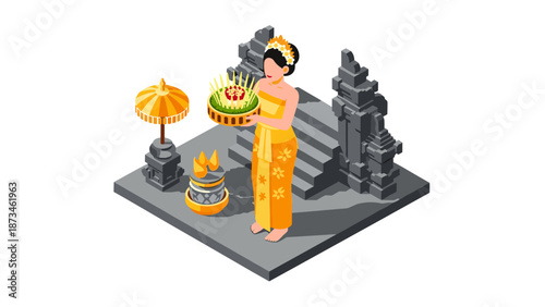 Isometric balinese ceremony scene with traditional offerings and temple