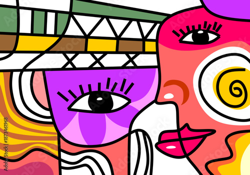Colorful background, cubism art style, poster, abstracts faces