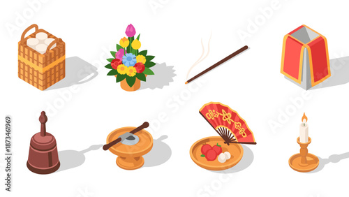 Traditional religious ceremony objects in isometric style for cultural festivals