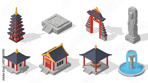 Isometric asian architecture elements collection: temples, pagodas, gates, and statues