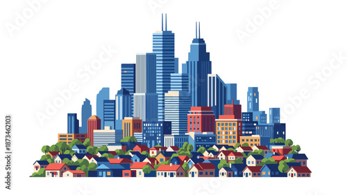 Urban skyline with colorful houses and modern skyscrapers in a minimalist style