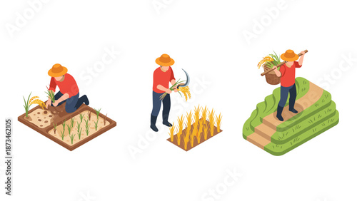 Isometric farming scenes: planting, harvesting, and carrying crops