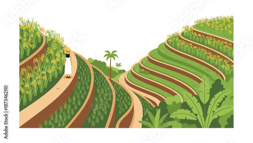 Scenic terrace fields landscape with lone farmer and lush greenery