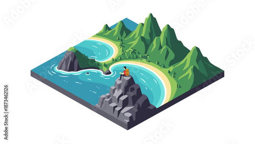 Scenic isometric landscape with mountains and ocean overlook