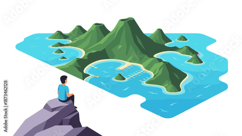 Isometric island landscape with person on cliff overlooking mountainous coastline