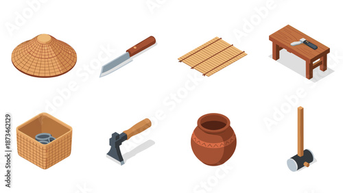 Traditional craft tools isometric icons set featuring hat, knife, table, basket, axe, pottery, and mallet