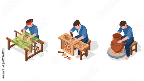 Traditional craftsmanship: weaving, woodworking, and pottery in isometric style