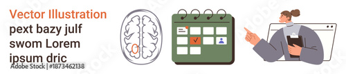 Mental health services, brain health, medical appointments, professional consultation, planning, organized care. Brain diagram, calendar with checkmark person with clipboard. Brain health