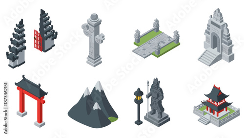 Isometric asian architecture icons featuring temples and traditional monuments