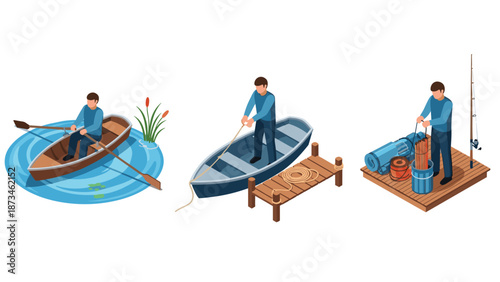Isometric fishing scenes with people in various activities on boats and docks