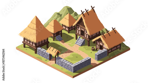 Isometric medieval village with straw roof huts and stone walls on grass