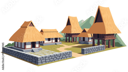 Traditional rural houses with thatched roofs in mountain landscape