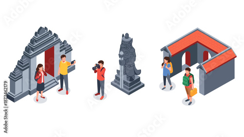 Isometric tourists exploring cultural architecture and traditional sculptures