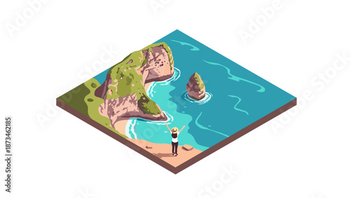 Isometric coastal landscape with cliffs and ocean waves