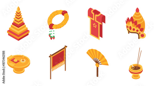 Traditional asian cultural icons in isometric style: pagoda, garland, robe, headdress