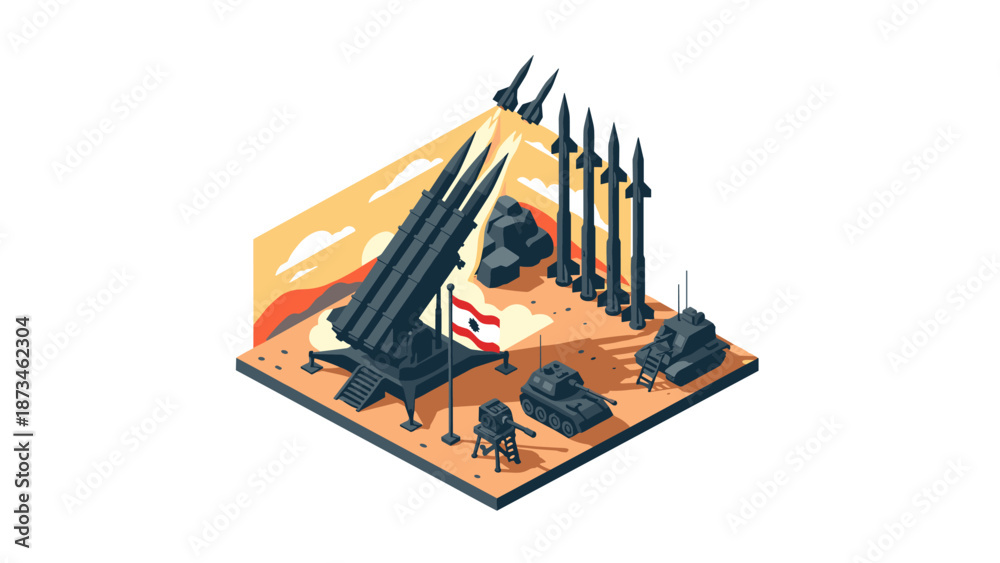 Fototapeta premium Isometric military base with missile launchers and tanks in desert setting
