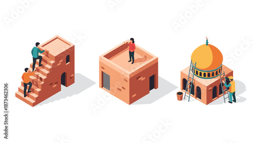 Isometric urban construction with people and buildings in flat style