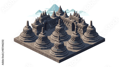 Isometric ancient temple with stupas and mountains in the background