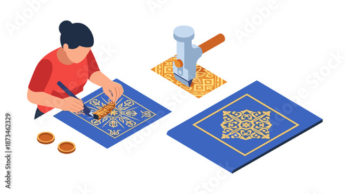 Isometric artisan crafting intricate islamic geometric patterns with manual embossing tool