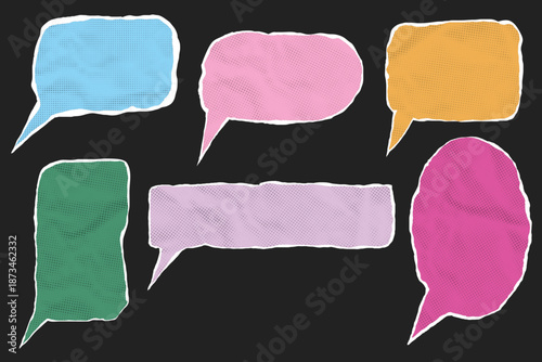Colorful torn paper speech bubble templates with handmade style. Ideal for creative messaging, posters, scrapbooking, and expressive communication designs.