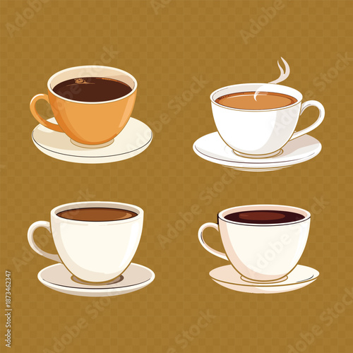 set of coffee cups, hot coffee in a cup vector set