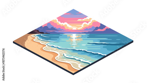 Vibrant coastal landscape in geometric perspective with sunset and waves