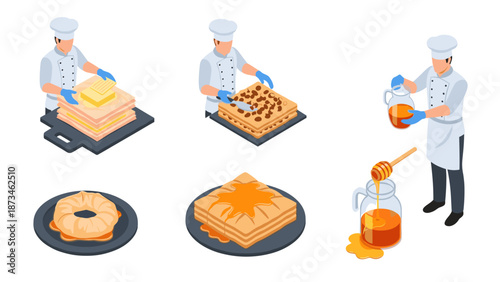 Isometric bakery chef preparing pastry with honey and toppings