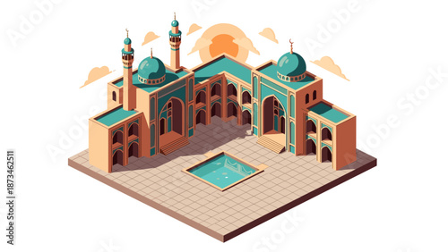 Isometric mosque architecture with courtyard and pool in sunrise colors