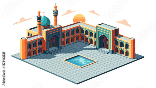 Isometric mosque architecture with domes at sunset in vibrant colors