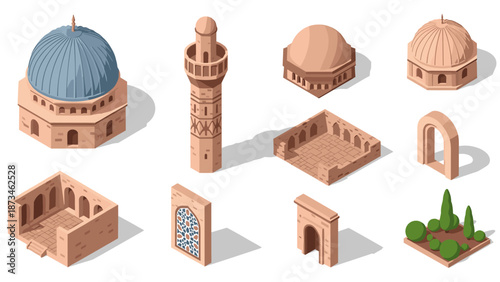 Collection of isometric middle eastern architectural elements with domes and towers