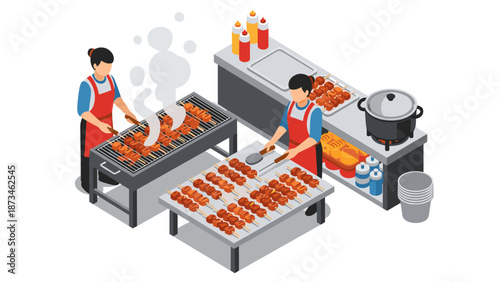 Isometric barbecue chefs grilling and serving skewers in outdoor kitchen setting