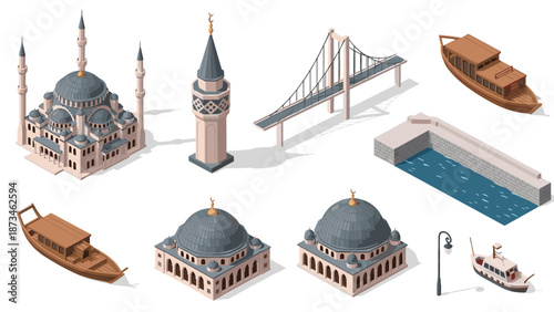 Isometric urban elements: mosque, bridge, and boats in modern architectural style