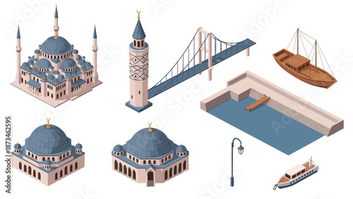 Isometric ottoman architecture and maritime elements set