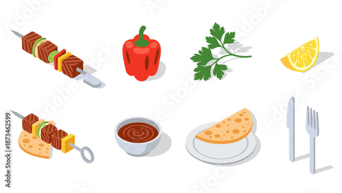 Isometric bbq skewers and side dishes on white background