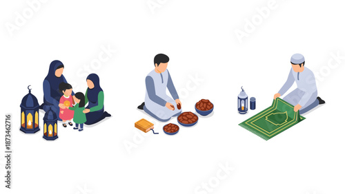 Isometric family celebrating ramadan with lanterns, dates, and prayer mat