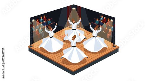 Isometric sufi dance performance on stage with audience seating