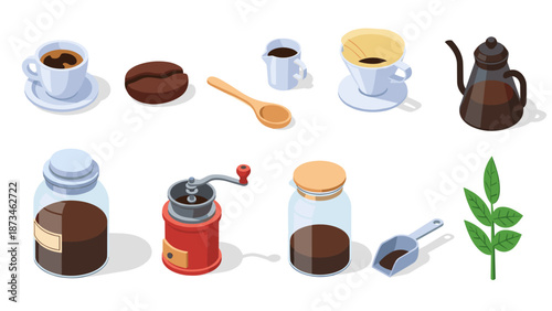 Isometric coffee essentials: brewing tools, beans, and cups in modern style
