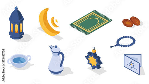 Islamic celebrations: lanterns, moon and stars, prayer items rendered in isometric style