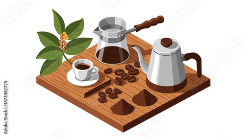 Isometric coffee set with beans, moka pot, cup, and leaves on wooden tray