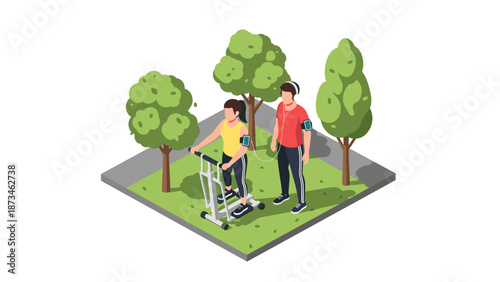 Isometric outdoor fitness scene with exercise equipment in park setting