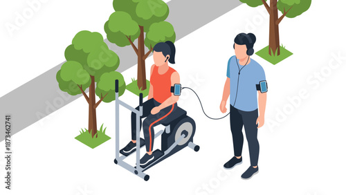 Isometric fitness scene: outdoor exercise with stationary bike and fitness tracker